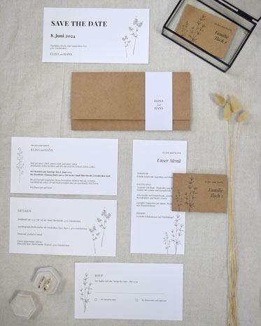 Flatlay mit Hülle aus Kraftpapier, Leinenpapier und Banderole